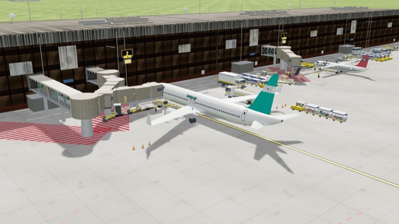 A jet boarding by stairs beside a future-era glass terminal