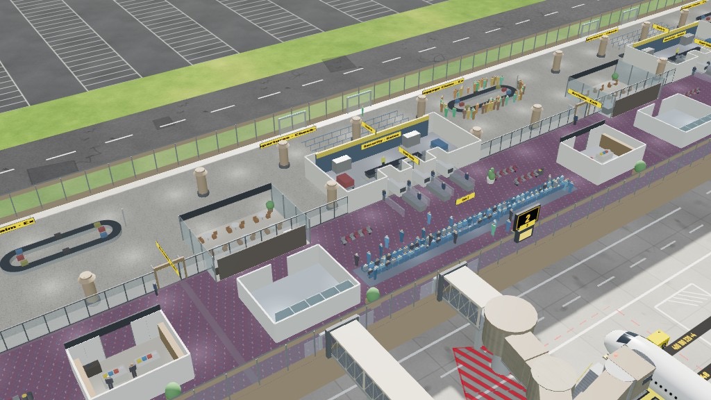 Inside a terminal level: check-in desks, security lanes, seating, food and passengers
