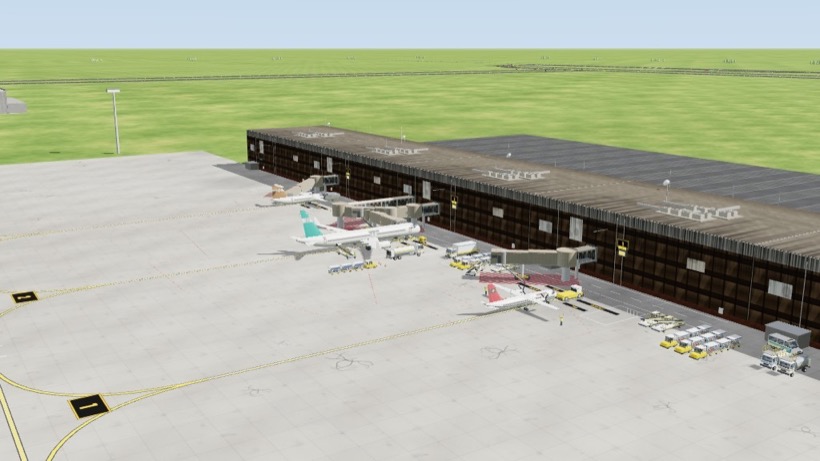 Terminals along the apron with aircraft on stands